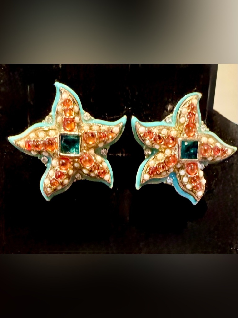 Vintage Kenneth Jay Lane KJL for Avon Starfish Earrings—Aqua, Coral, & sparkle